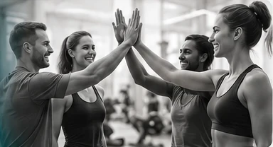 Grupo de personas entrenando y celebrando juntas